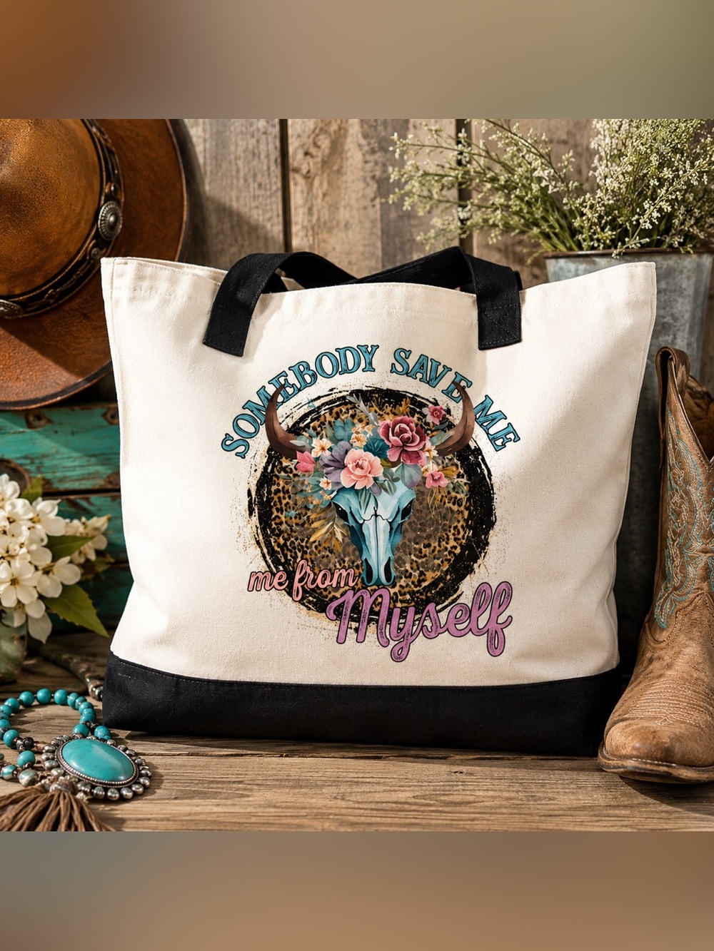 Funny Western Tote Bag Cow Skull Floral Leopard Print Handmade